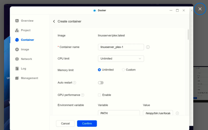 Plex container configuration